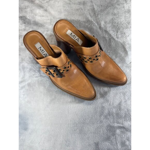 Mia womens shoes 8.5M Y2K Brown leather chunky mules heels 4" - Picture 8 of 16